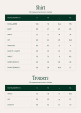 Measurement chart for shirts and trousers with dimensions in inches.
