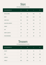 Measurement chart for shirts and trousers with green borders on a white background