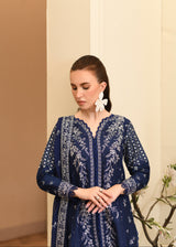 Woman wearing a blue embroidered dress with a neutral background