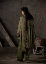Woman in a green traditional outfit with intricate patterns standing in a rustic setting.
