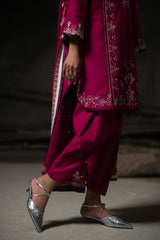 Person wearing a magenta embroidered traditional outfit with silver shoes on a dark background
