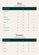 Measurement chart for shirts and trousers with green borders on a white background