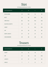 Measurement chart for shirts and trousers with green borders on a white background