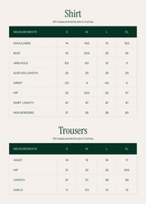 Measurement chart for shirts and trousers with green borders on a white background