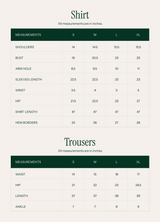 Measurement chart for shirts and trousers with dimensions in inches.