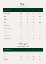 Measurement chart for shirts and trousers with dimensions in inches.